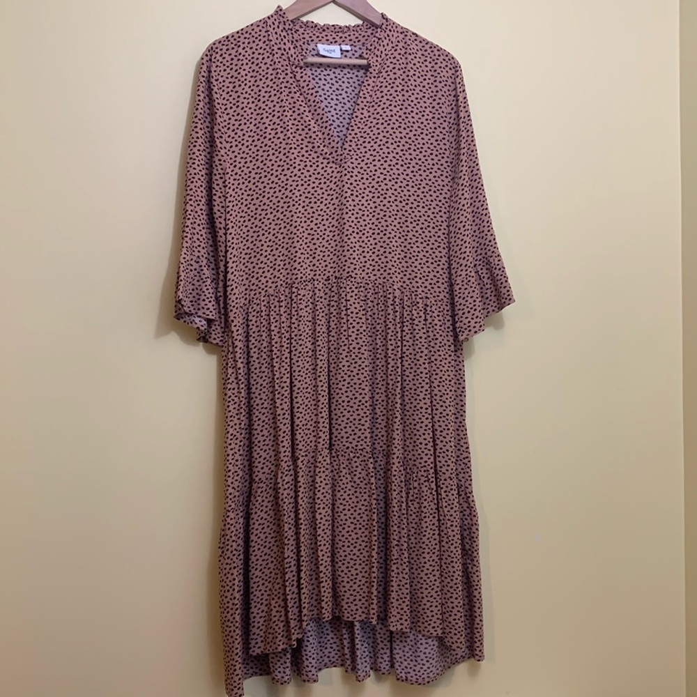 Saint Tropez Spotted Leopard Ruffle Relaxed Fit Bell Sleeve 100% Viscose Dress L